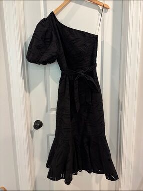 Gibson Latimer Black One-Shoulder Eyelet Midi Dress